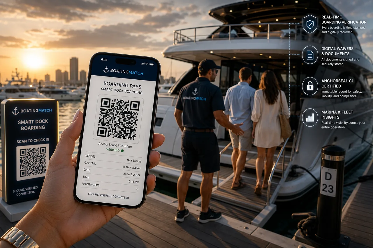 BoatingMatch digital boarding pass on smartphone with AnchorSeal C1 certification