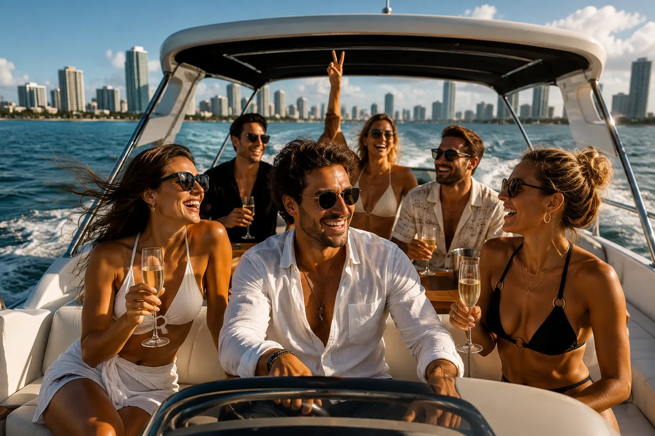 Charter passengers enjoying a luxury boat departure in Miami