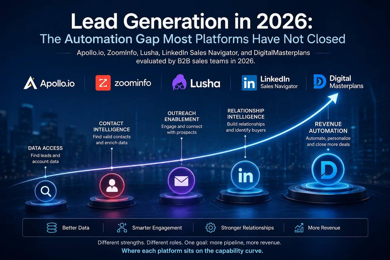 Lead Generation in 2026 capability curve — Apollo.io, ZoomInfo, Lusha, LinkedIn Sales Navigator, DigitalMasterplans